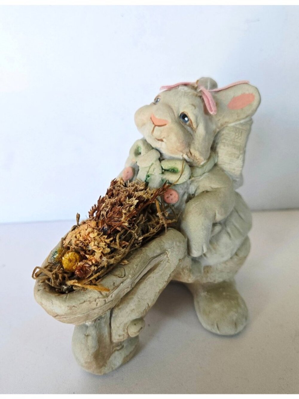 Handcrafted Dreamsicles Bunny Figurine With Wheelbarrow Of Dried Flowers - Signe